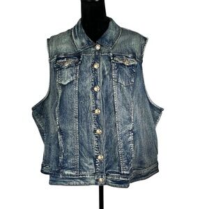 Studded Denim Vest Western Rhinestone Biker Moto Back in the Saddle Americana